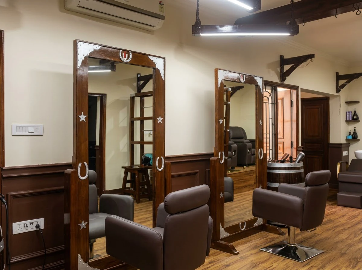 Interior of Ss 4 Scissors Salon in Basaveshwar Nagar Bengaluru with handcrafted mirrors and styling chairs